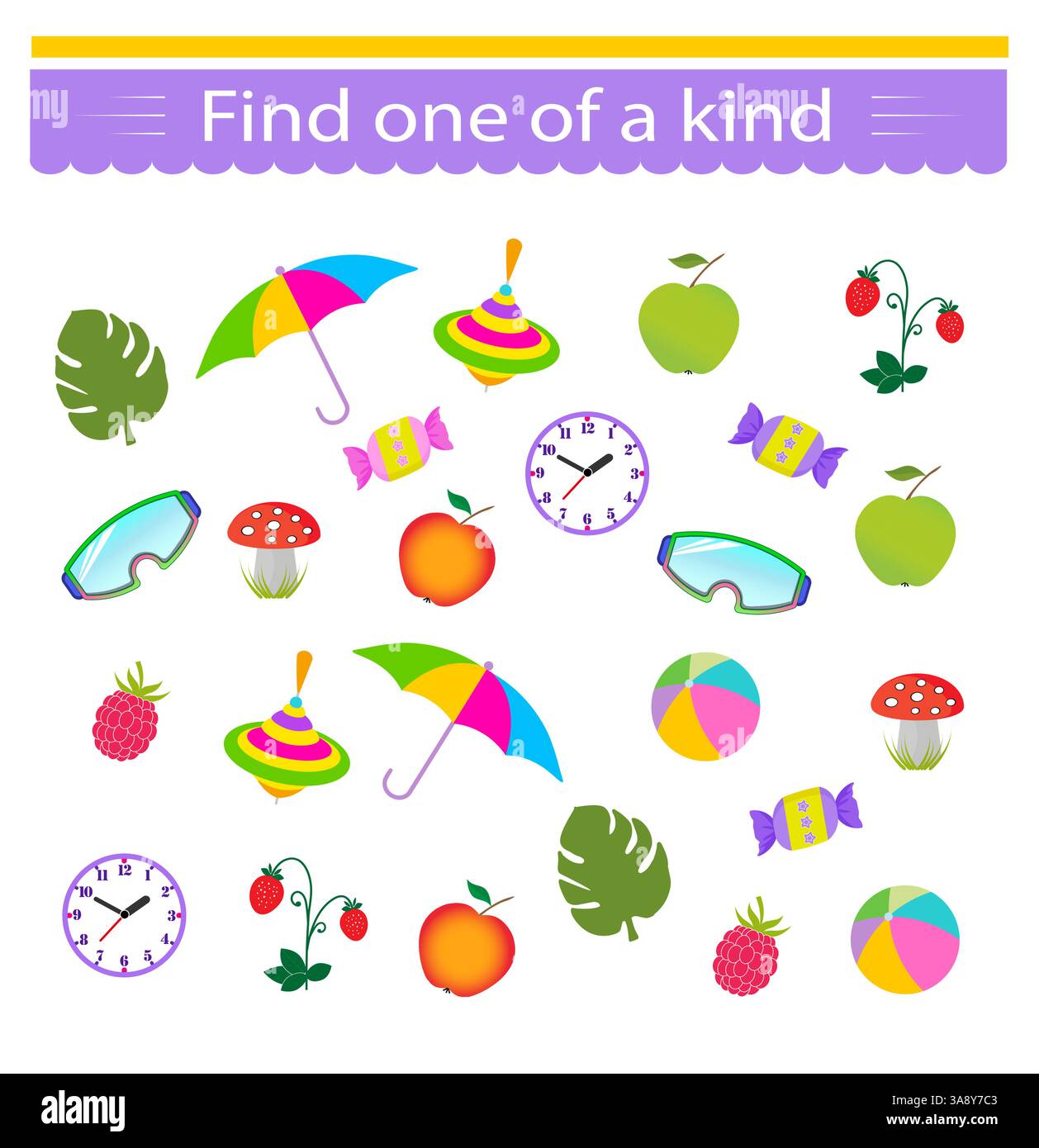 Lernspiel für Kinder. Sie müssen ein Objekt wie ein Objekt finden. Visuelle Intelligenz. Vektorabbildung. Stock Vektor