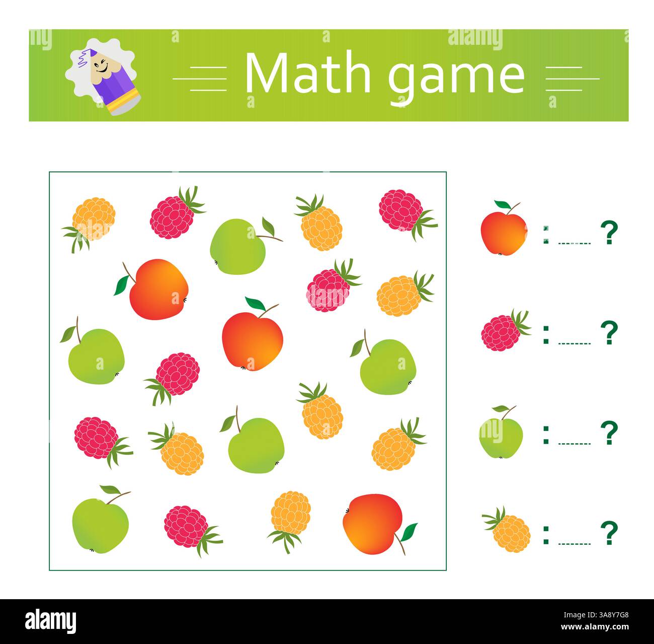 Mathe-Spiel für Kinder im Vorschul- und Schulalter. Lehrmaterial für Kinder. Arbeitsblatt. Vektorabbildung. Stock Vektor