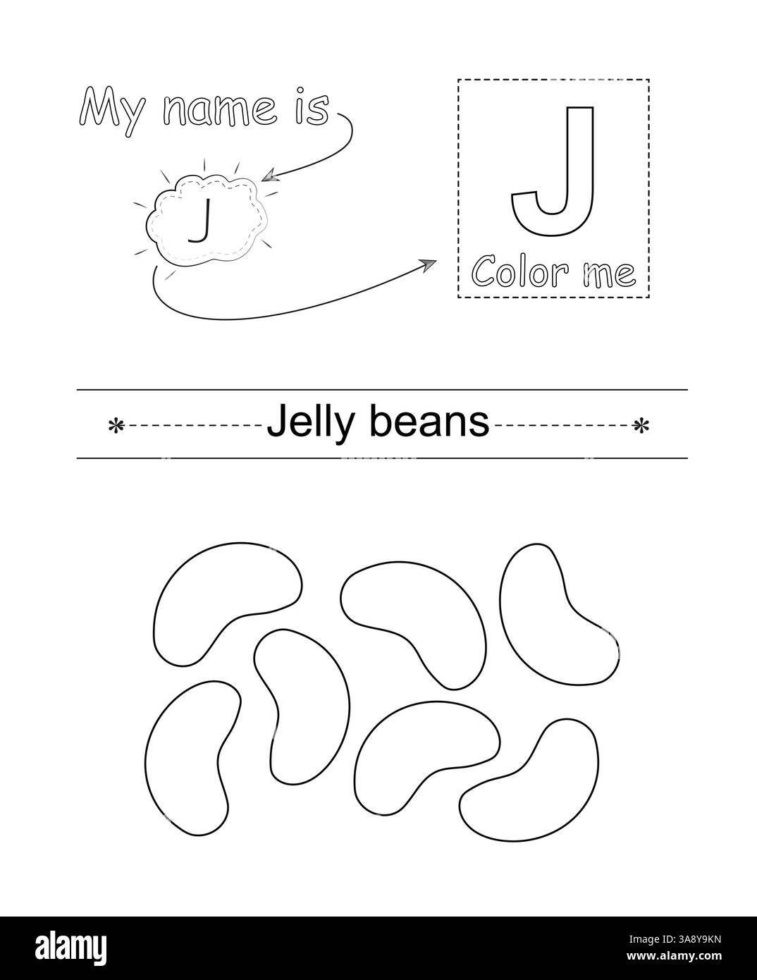 Farbe für Buchstaben und Bild. Pädagogisches Kinderspiel. Farbalphabet. Buchstabe J und Jelly Beans. Stock Vektor