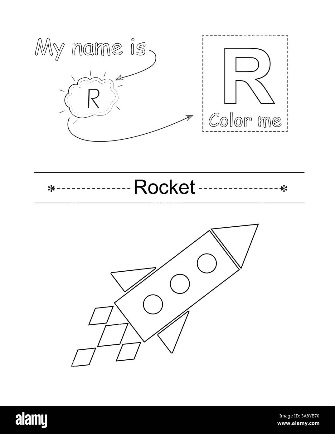 Farbe für Buchstaben und Bild. Pädagogisches Kinderspiel. Farbalphabet. Brief R und Cartoon-Rakete. Stock Vektor