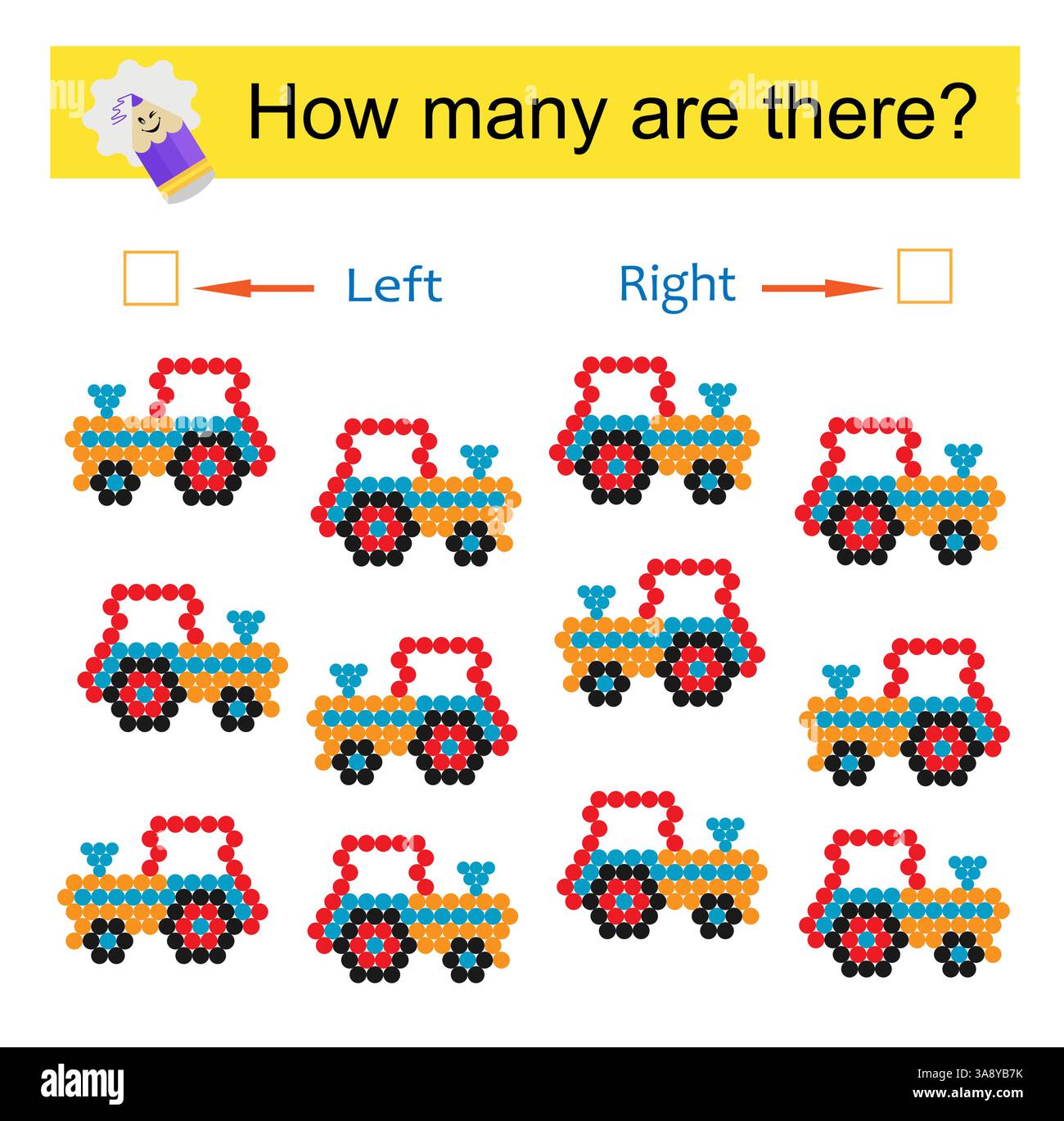 Mathematische Aktivität für Kinder. Entwicklung von Rechenkenntnissen. Zeichentricktraktor. Vektorabbildung. Stock Vektor
