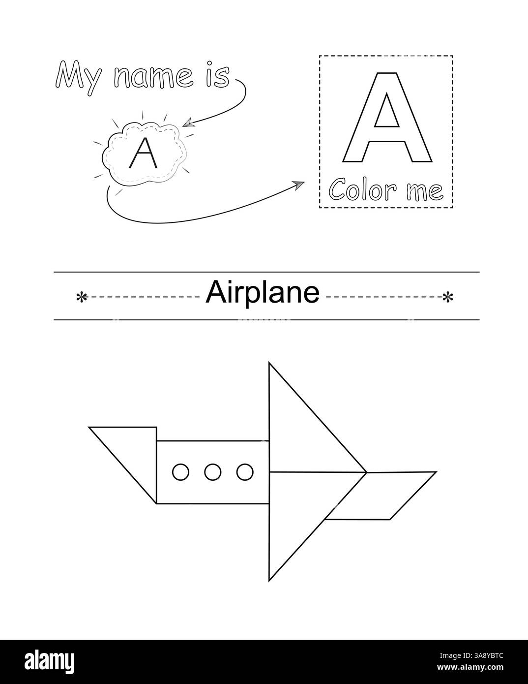 Farbe für Buchstaben und Bild. Pädagogisches Kinderspiel. Farbalphabet. Brief A und Zeichentrickflugzeug. Stock Vektor