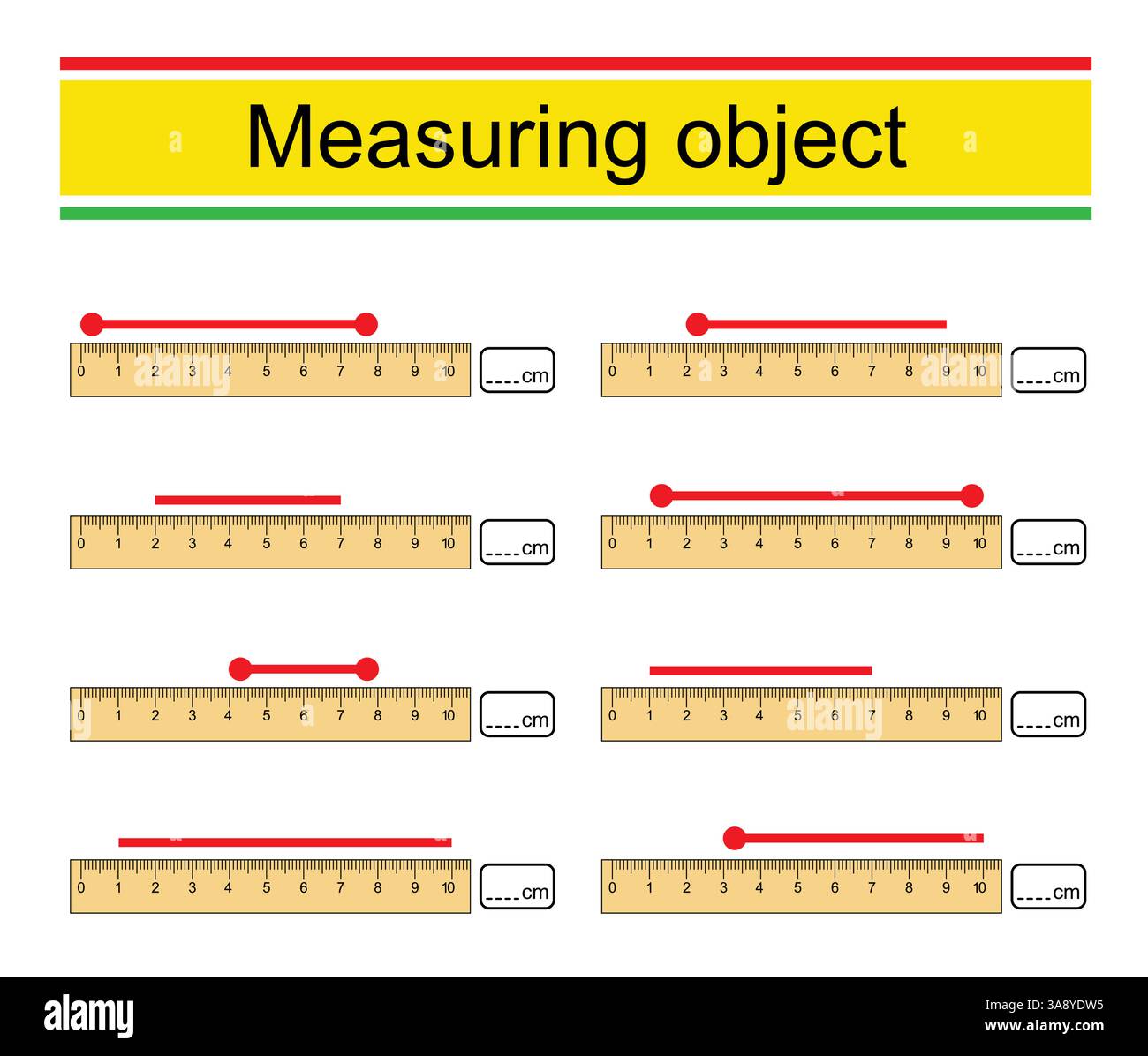 Arbeitsblatt für Vorschulkinder. Messen der Länge geometrischer Figuren mit einem Lineal. Vektorabbildung. Stock Vektor