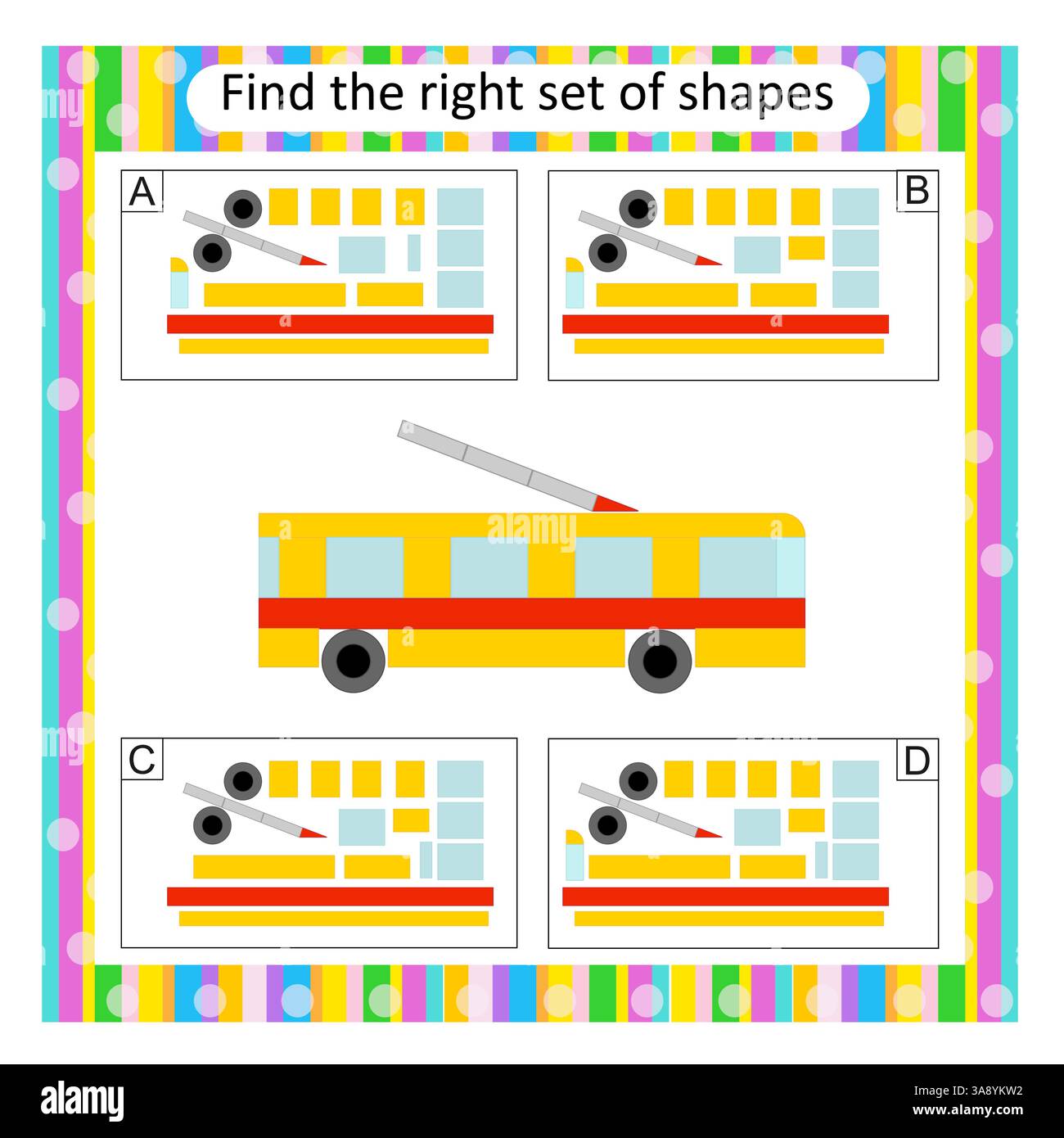 Logikpuzzle für Kinder. Suchen Sie den richtigen Transportsatz. Aktivität des Arbeitsblatts im Vorschulalter. Vektorabbildung. Die Antwort lautet D. Stock Vektor