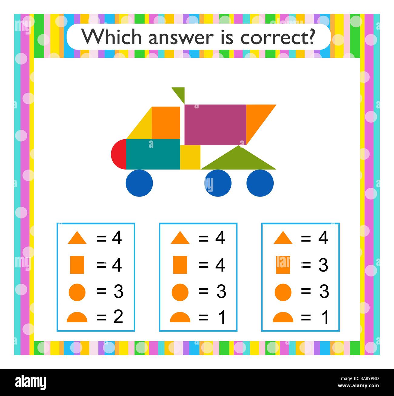 Mathematische Aktivität für Kinder. Finden Sie die richtige Antwort. Cartoon-Kipper. Vektorabbildung. Stock Vektor