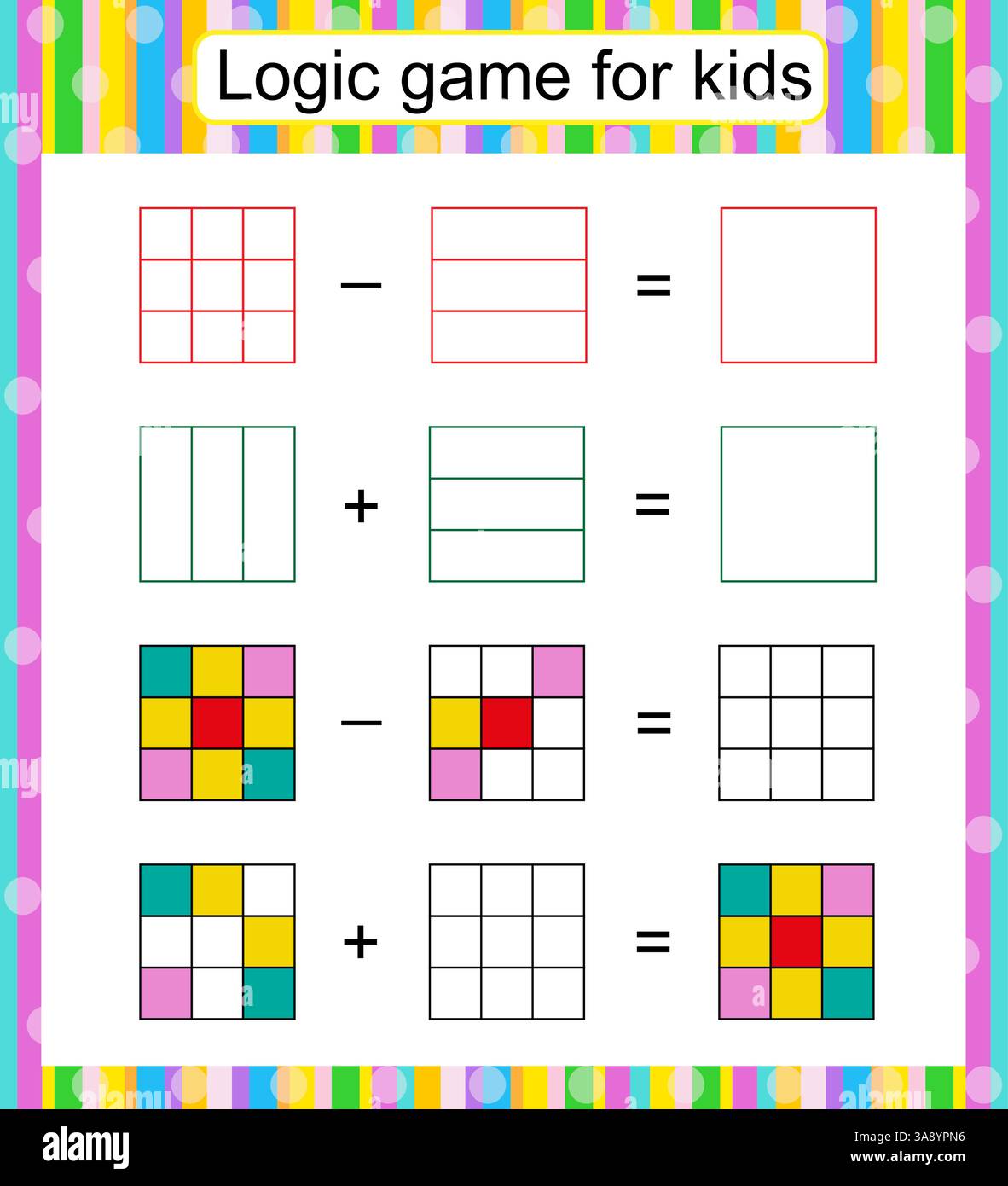 Logikspiel für Kinder. Suchen und zeichnen Sie die fehlenden Teile. Untergeordnete Aktivität". Arbeitsblatt. Vektorabbildung Stock Vektor