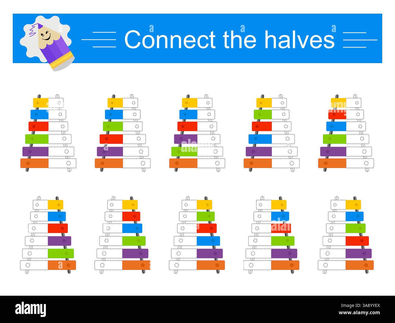 Logıc Puzzle. Lehrmaterial für Kinder. Fınd die Hälften von Xylofonen. Vektorabbildung. Stock Vektor