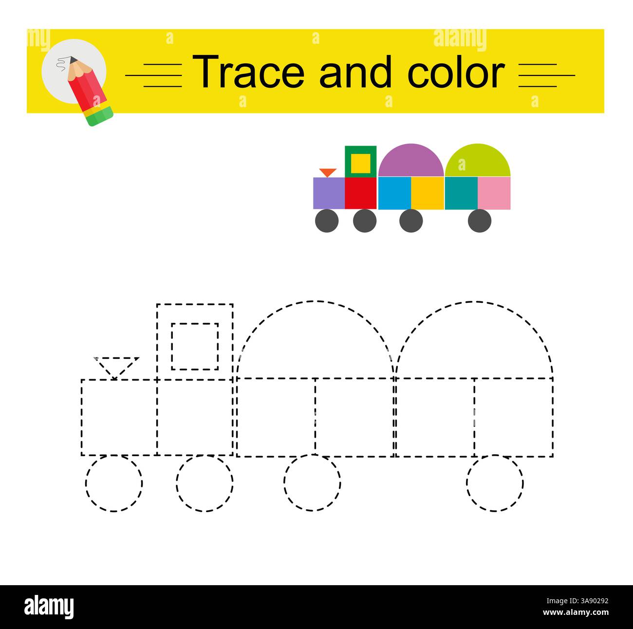 Verlauf und Farbe für untergeordnete Elemente. Vorschularbeitsblatt zum Üben der Feinmotorik. Cartoon-Lokomotive. Flaches Design. Stock Vektor