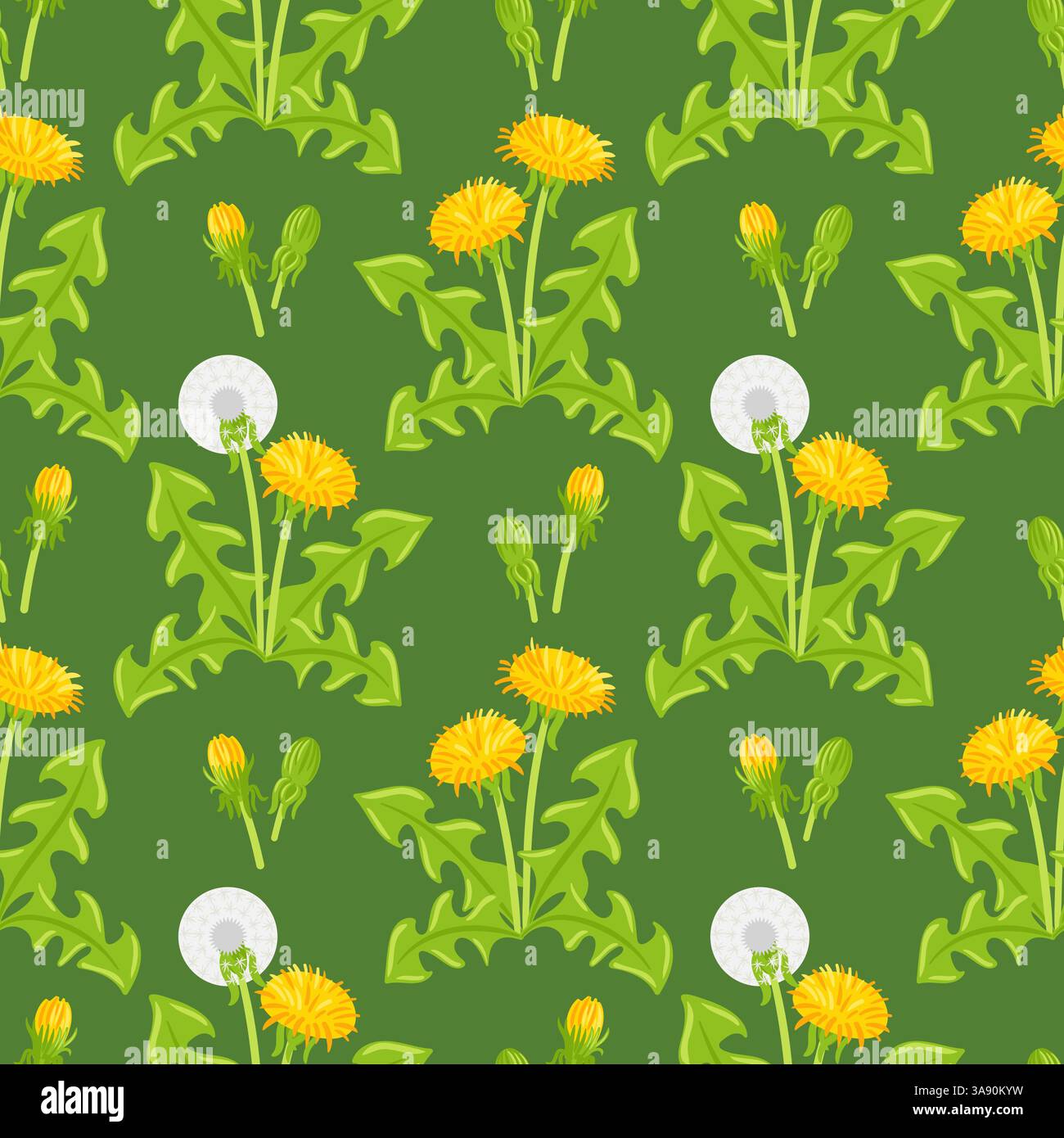 Ein lebhaftes und lebendiges, sich wiederholendes Muster mit fröhlichen gelben und weißen Löwenzahn vor einem üppigen grünen Hintergrund Stock Vektor