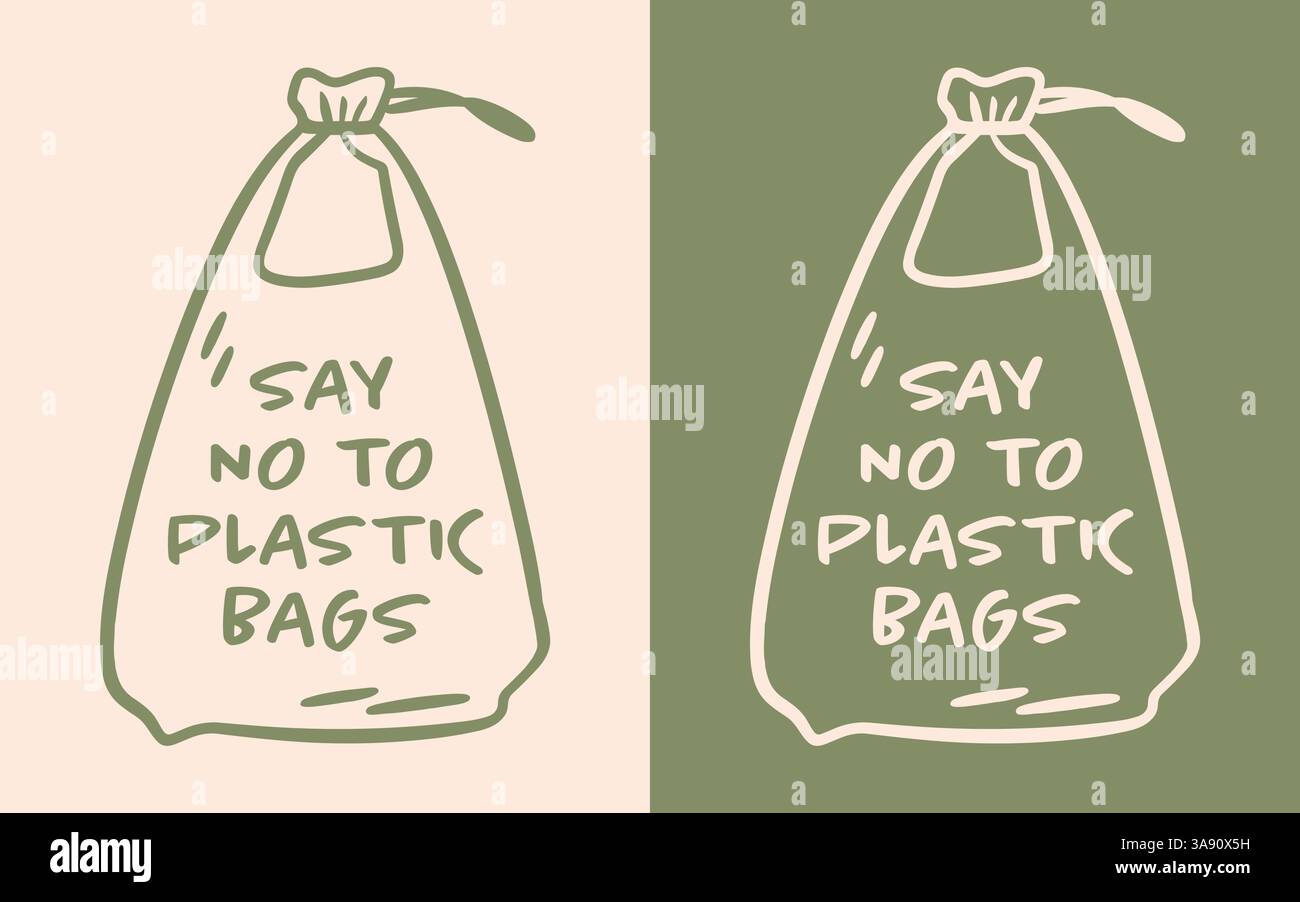 Sagen Sie Nein zu Plastiktüten Earth Day zitiert umweltfreundliches Konzept grüne ästhetische Zeichnung Illustration Klima Aktivist Gewohnheit Kunststoff freie Produkte drucken. Stock Vektor