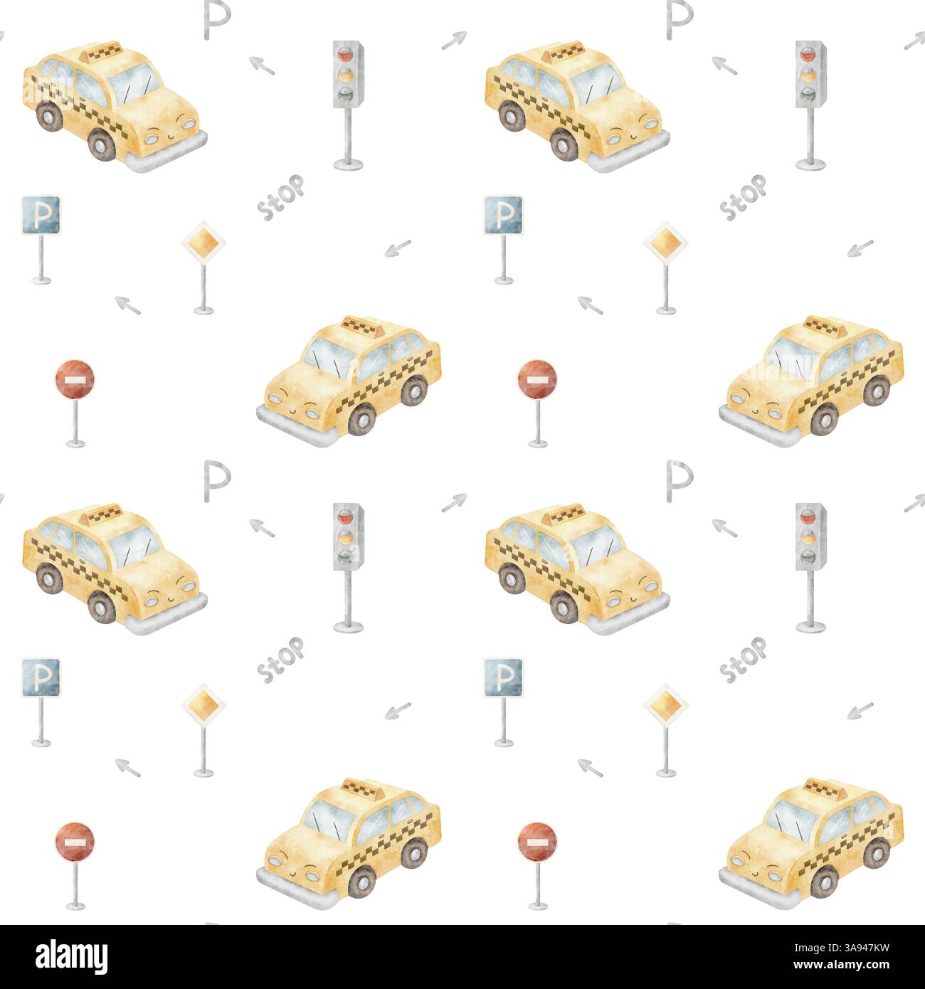 Taxiwagen mit nahtlosem Muster, gelber Transport. Aquarell-Kinderillustration Verkehrsampel, Schilder auf isoliertem weißem Hintergrund für Textildesign Stockfoto