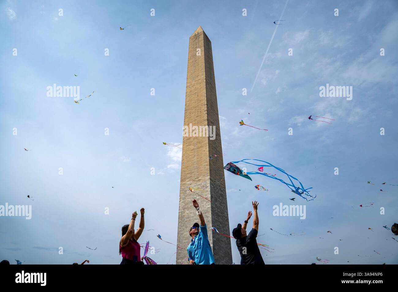 Washington, Usa. März 2025. Während des Blossom Kite Festivals, einer Veranstaltung im Rahmen des National Cherry Blossom Festival, in der National Mall in Washington, DC, am Samstag, den 29. März 2025, fliegen die Menschen Drachen. Gestern haben die Kirschblüten ihren Höhepunkt erreicht, was die National Park Services definiert, wenn 70 % der Yoshino Kirschblüten geöffnet haben. Foto: Bonnie Cash/UPI Credit: UPI/Alamy Live News Stockfoto
