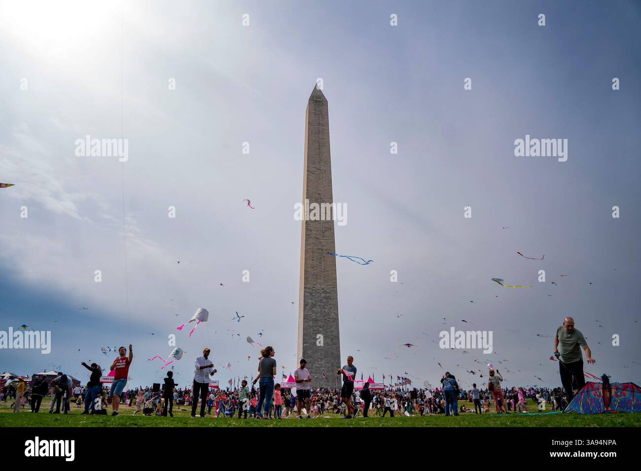 Washington, Usa. März 2025. Während des Blossom Kite Festivals, einer Veranstaltung im Rahmen des National Cherry Blossom Festival, in der National Mall in Washington, DC, am Samstag, den 29. März 2025, fliegen die Menschen Drachen. Gestern haben die Kirschblüten ihren Höhepunkt erreicht, was die National Park Services definiert, wenn 70 % der Yoshino Kirschblüten geöffnet haben. Foto: Bonnie Cash/UPI Credit: UPI/Alamy Live News Stockfoto