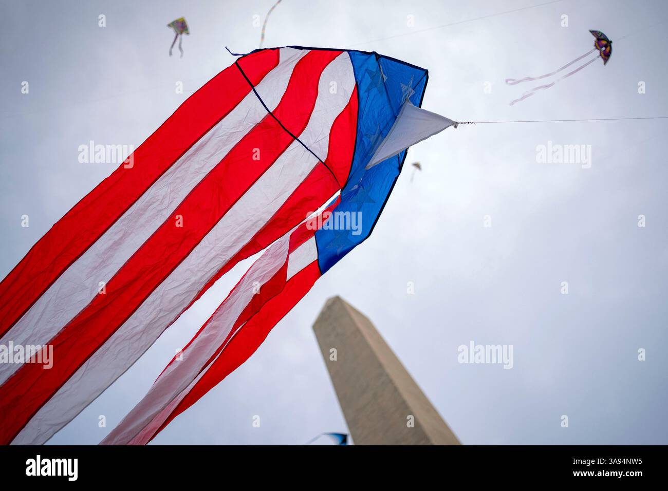 Washington, Usa. März 2025. Kites fliegen während des Blossom Kite Festivals, einer Veranstaltung im Rahmen des National Cherry Blossom Festivals, in der National Mall in Washington, DC am Samstag, den 29. März 2025. Gestern haben die Kirschblüten ihren Höhepunkt erreicht, was die National Park Services definiert, wenn 70 % der Yoshino Kirschblüten geöffnet haben. Foto: Bonnie Cash/UPI Credit: UPI/Alamy Live News Stockfoto