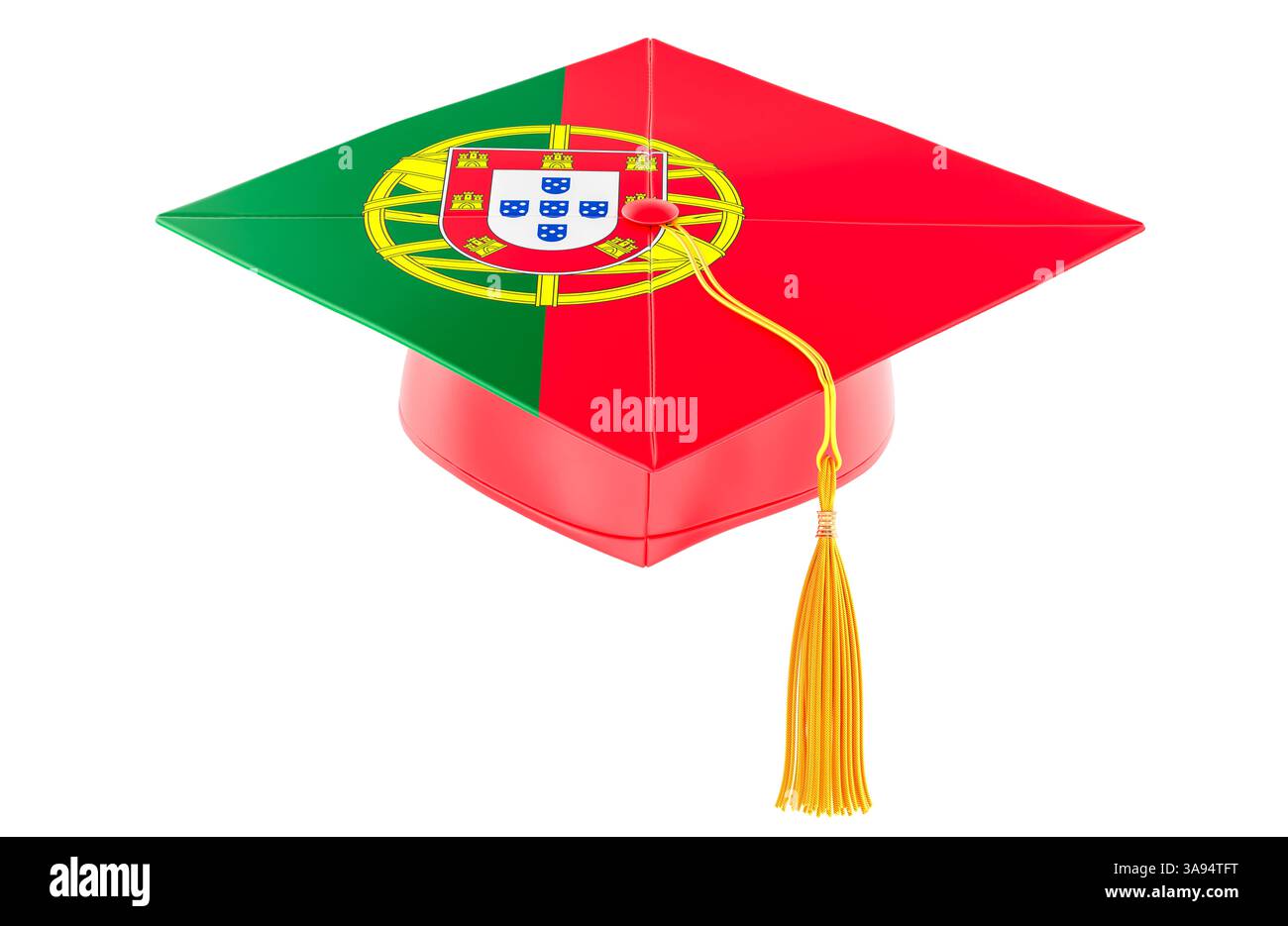 Graduierungskappe mit portugiesischer Flagge. Ausbildung in Portugal oder Lernen der portugiesischen Sprache, Konzept. 3D-Rendering isoliert auf weißem Hintergrund Stockfoto