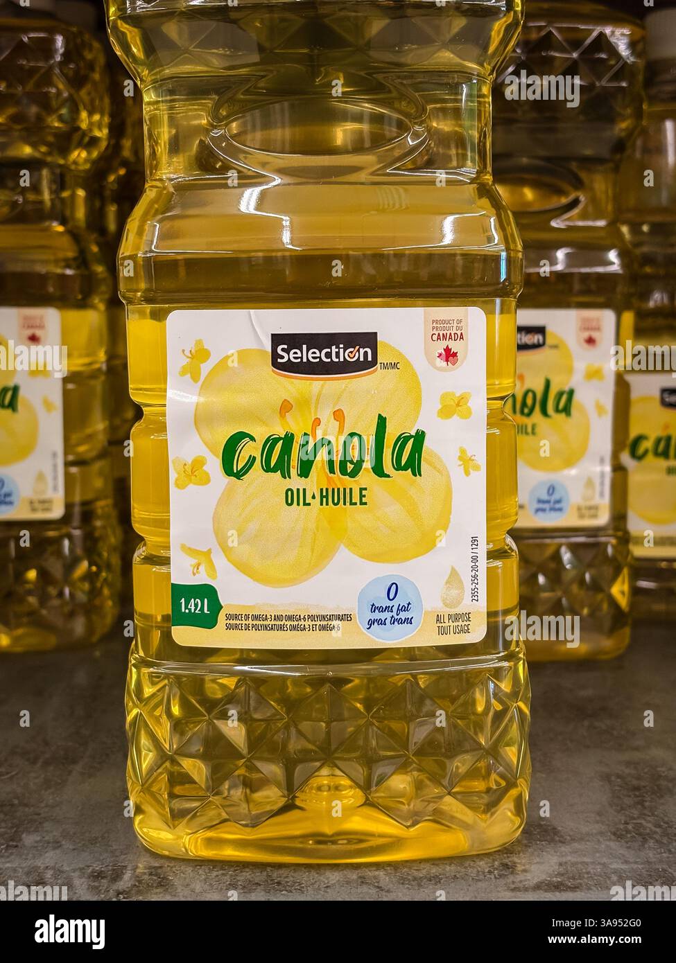 Rapsöl in einer durchsichtigen Kunststoffflasche mit Etikett „Selection Canola Oil“ und „Product of Canada“. Null Transfettfett. Allzweck. Stockfoto