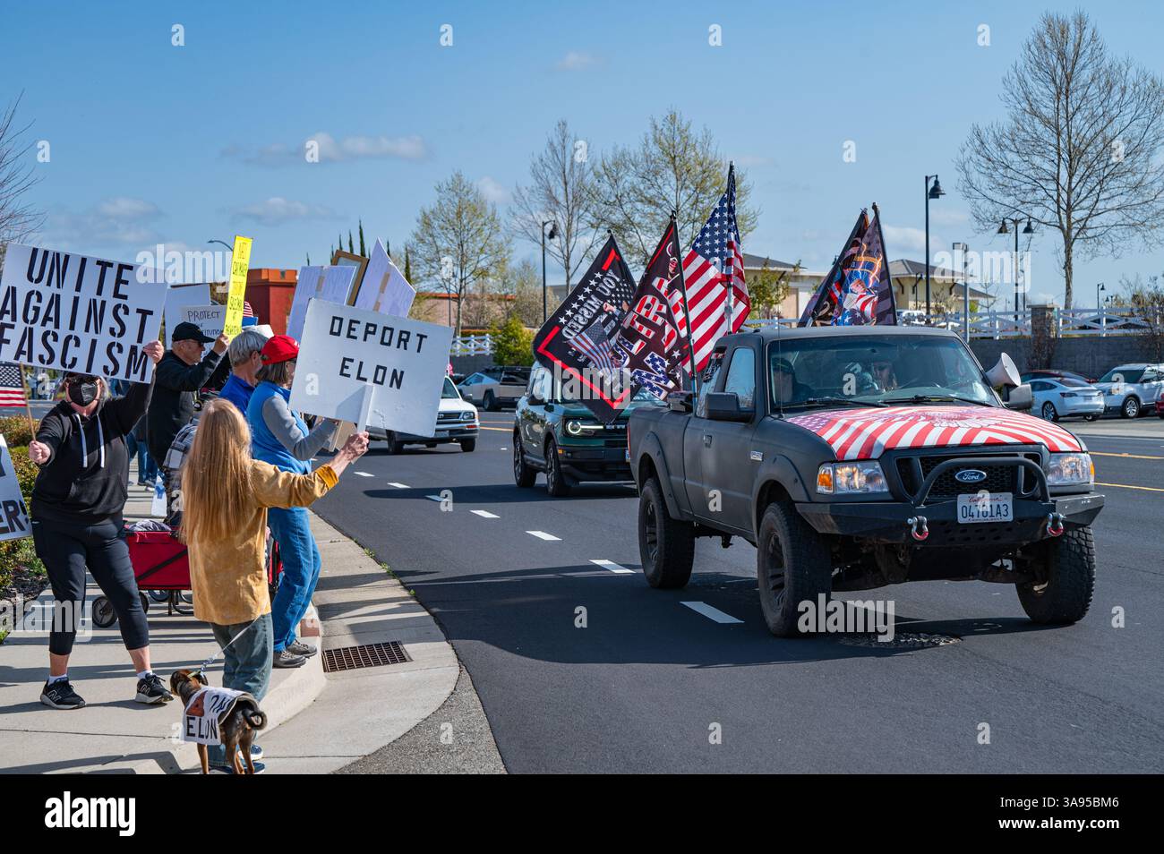 Demonstranten mit Anti-Elon-Musk-Schildern treten einem Trump und DOGE-Anhänger in einem Pickup-Truck-Caravan mit Fahnen gegenüber dem Tesla-Händler entgegen Stockfoto