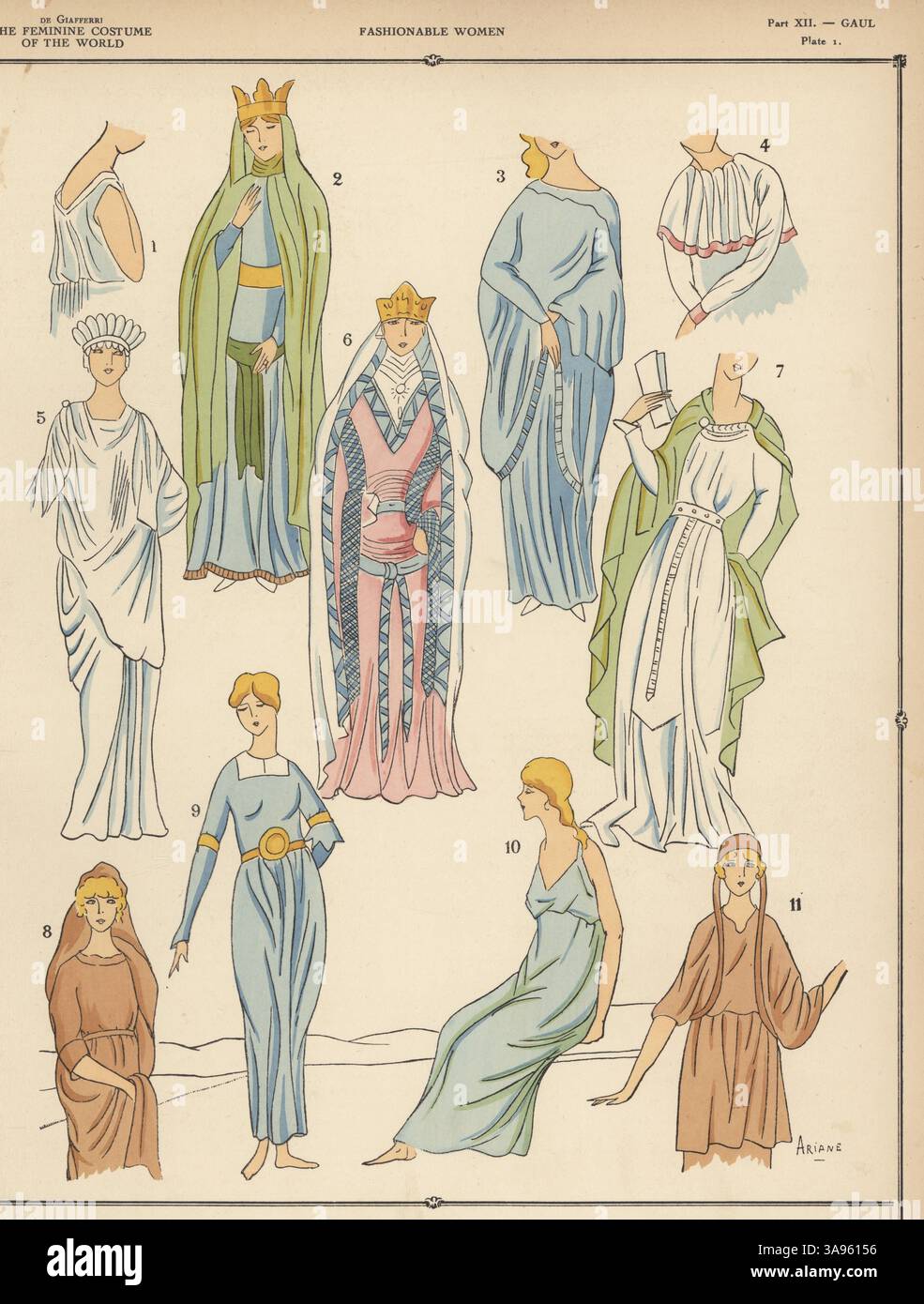 Modische Damen aus Gallic. Kostüm von Euxetra 1, Gallische Dame 6. Jahrhundert 2, Gallische Dame oder Cimbrian Gefangene 3, Frauen von Germania 4, gallo-römisches Gewand 5,8,9, merowingische Ära 6,7, Gallische Dame 10,11. Lithographie von Ariane aus Paul Louis de Giafferri’s History of feminine Costume of the World, Foreign Publications, New York, 1927. Stockfoto