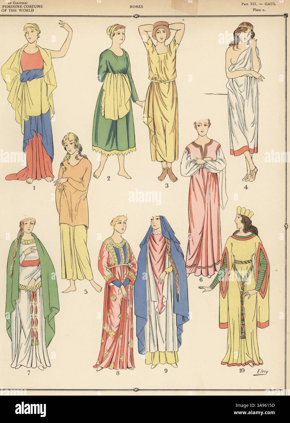 Gallische Damenkleider. Gallische Dame 1,2.56, Gewand einseitig drapiert 3, Gewand an der Schulter 4, Clotilde Airee 7, besticktes Gewand 8, Ultrogothi 9 und Bertha, Ehefrau Philipps I., 10. Lithographie von Elvey aus Paul Louis de Giafferri’s History of feminine Costume of the World, Foreign Publications, New York, 1927. Stockfoto