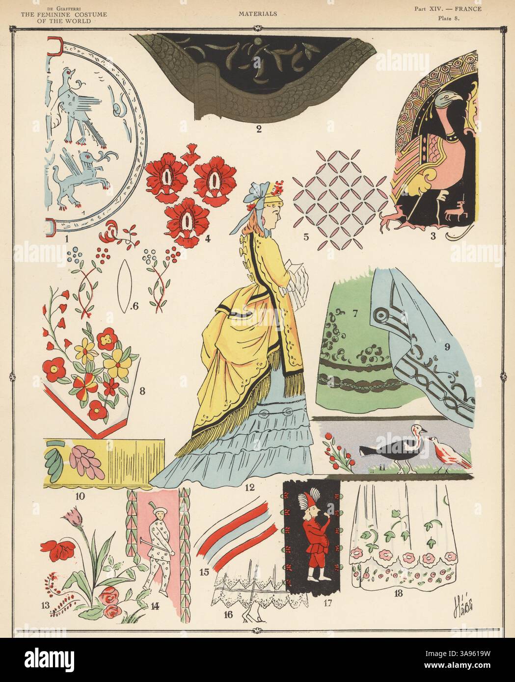 Französische Stoffe und Materialien für Frauen. Mittelalterliches Tuch 1,3, Renaissance Material 2, 16. Jahrhundert Gewebe 4, Heinrich IV-Ära 5, 1632 Kleid 6, Louis XIV-Ära Kleid Saum 7, Stoff 8 und Stickerei 9, Louis XV Stickerei 10 und Band A la coque 11, Napoleon III Ära 12, Louis XVI Stickerei 13, Harlequin Band 14, Revolutonary ohne Culottes Streifen 16, Restauration Stickerei 16, Pulchinello Band 17 und First Empire Kleid Saum 18. Lithographie von Hébé aus Paul Louis de Giafferris Geschichte des femininen Kostüms der Welt, Foreign Publications, New York, 1927. Stockfoto
