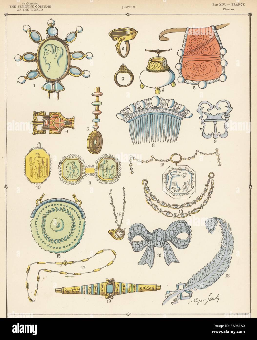 Französischer Damenschmuck. Karls Schatulle 1, Bischofsring 2 aus dem 11. Jahrhundert, Sakerdotalring 3, Almosenbeutel aus dem 15. Jahrhundert 4,5, Merowingische Schnalle 6, Charlotte de Rostang Ohrtropfen 7, 13thC Stahlkamm 8, Louix XV Schnalle 9, Gürtelplatte 10, Marie Antoinette Gürtelplatte 11, Konsulatketten 12,13,14,17, Restaurierungsbeutel 15, Second Empire Brosche 16, Diamantenfeder 1867 18 und Goldarmband 19. Lithographie von Roger Scuty aus Paul Louis de Giafferris Geschichte des femininen Kostüms der Welt, Foreign Publications, New York, 1927. Stockfoto