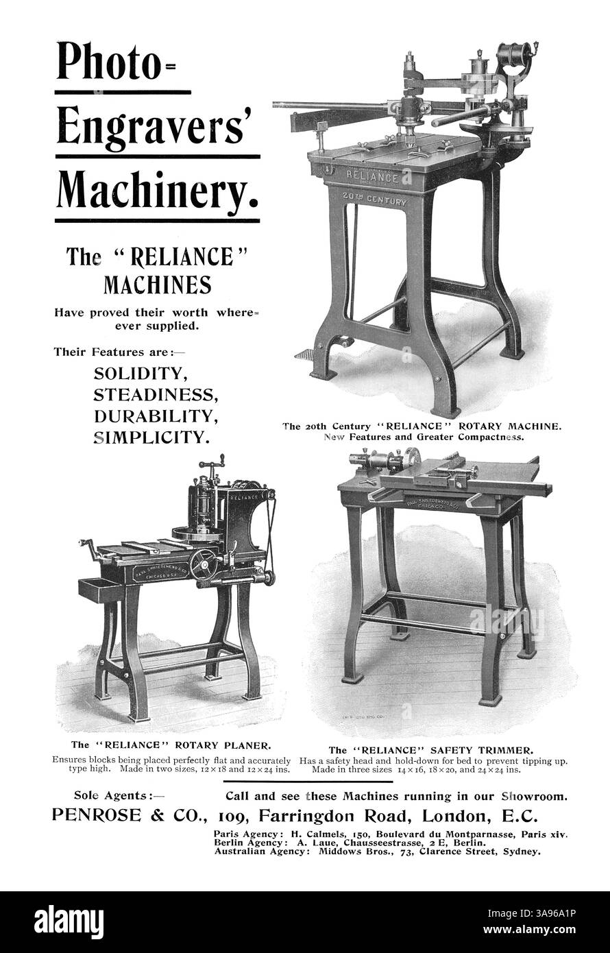 1903 britische Werbung für Penrose Reliance Fotograviermaschinen für die Druckindustrie. Stockfoto