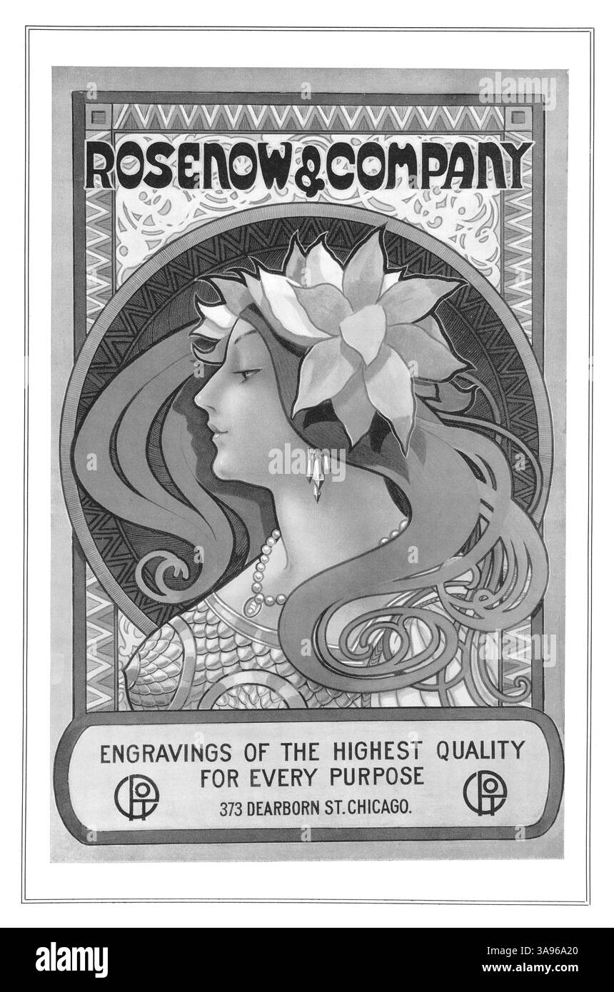 1903 britische Jugendstilwerbung für das US-Unternehmen Rosenow & Company of Chicago – Graveure für die Druckindustrie. Stockfoto