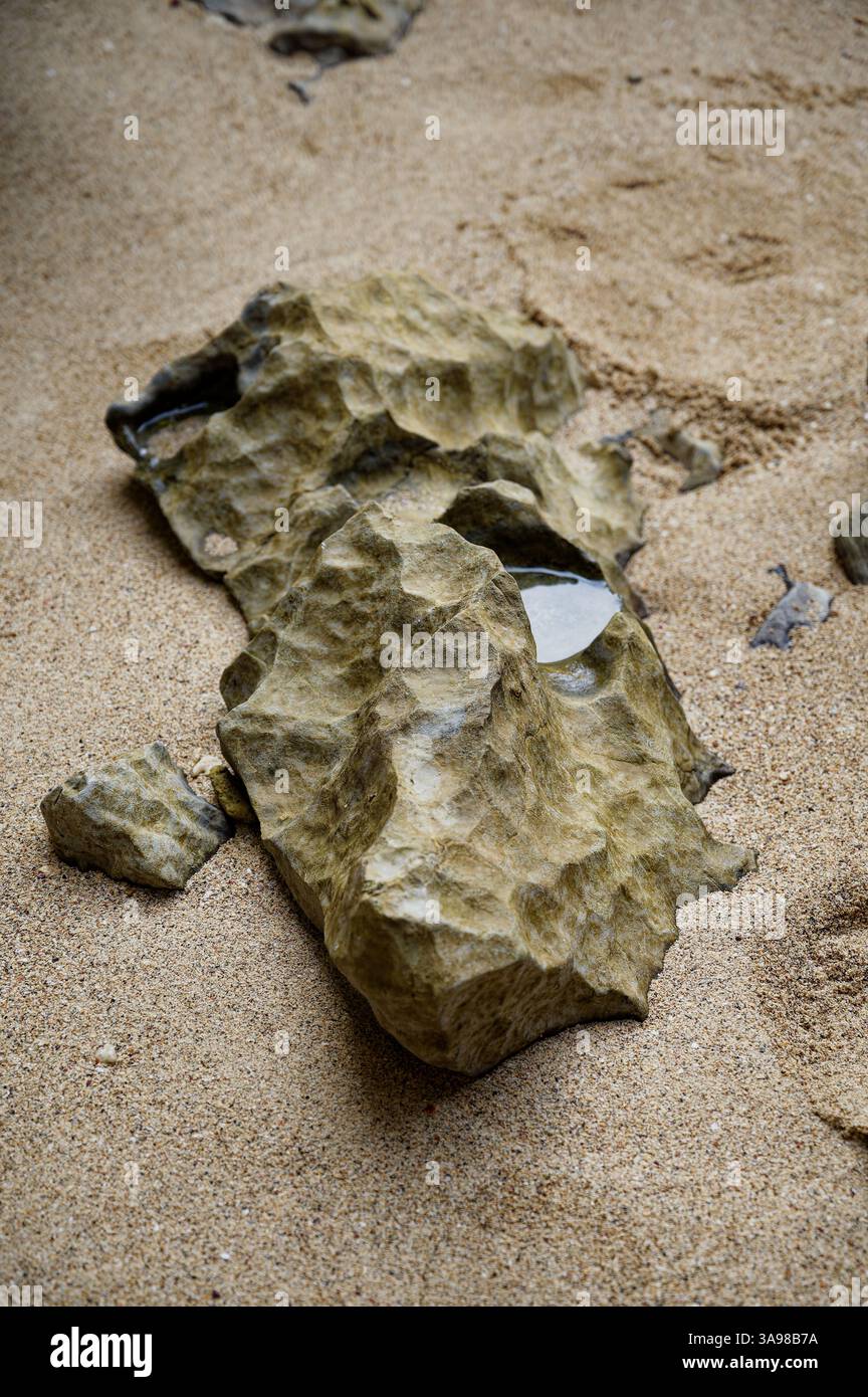 Scharfkantiger Küstenfelsen mit Gezeitenpool-Eindrücken, eingebettet in weichen Sand Stockfoto