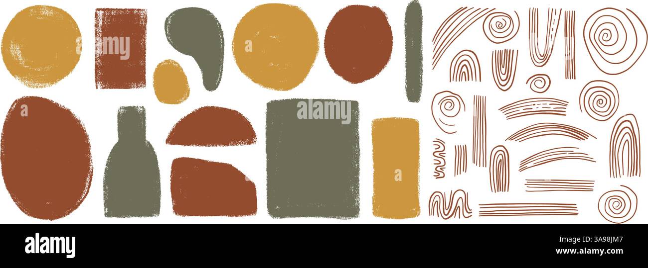 Silhouettenset für raue Buntstifte. Kreis, Ellipse und Boho Vase, Bogen. Abstrakte japanische Einrichtung. Vektorgeometrie formt Zen-Ästhetik. Handgezeichnet oder Stock Vektor