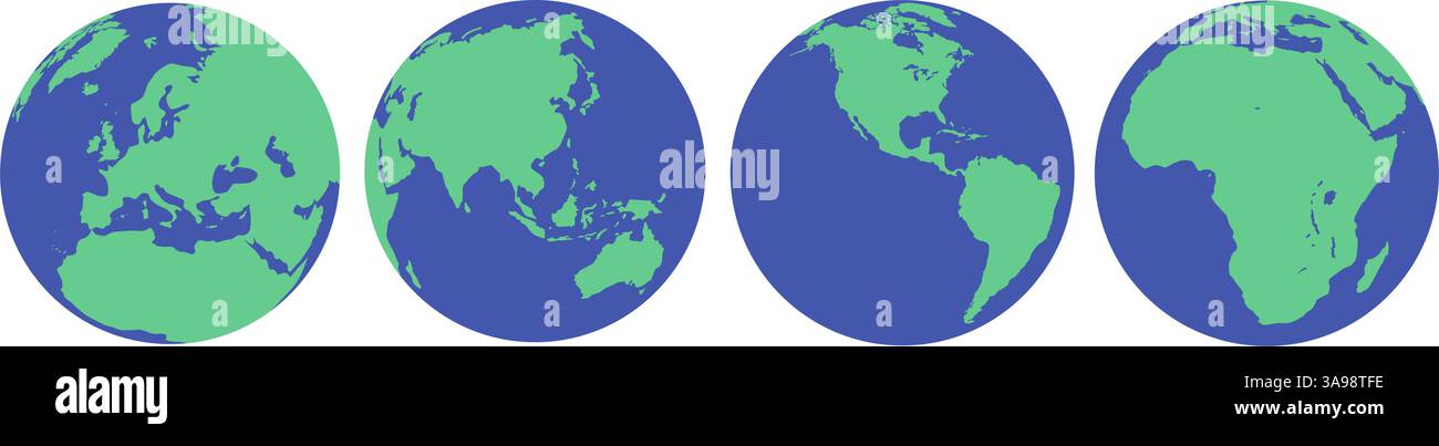 Vektorillustration von vier verschiedenen Symbolen für Weltkarten, die Amerika, Europa, Afrika und Asien zeigen. Design-Elemente der Erdkugel sorgen für Vielfalt Stock Vektor