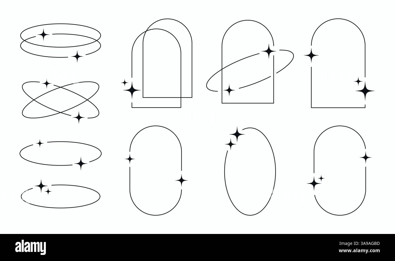 Set aus minimalistischen, modernen y2k-Linienrahmen mit Sternenform. Sammlung funkelnder geometrischer Elemente des Vektorrahmens Kreis, Quadrat, Rechteck. Stock Vektor
