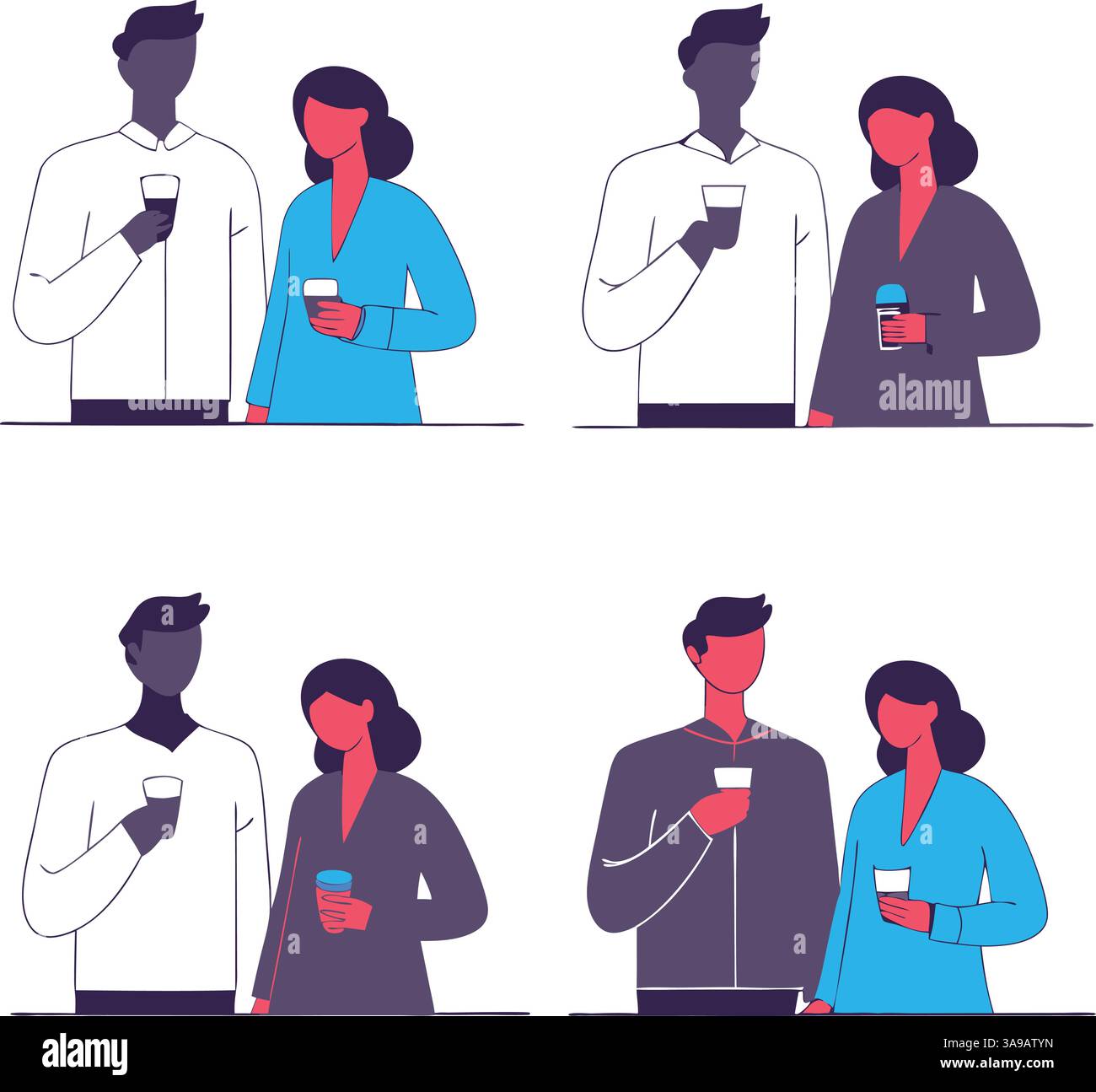 Ein Satz von vier Illustrationen mit einem Paar, das Getränke hält. Oben links zeigt ein Mann in einem weißen Hemd und eine Frau in einem blauen Oberteil. Stock Vektor