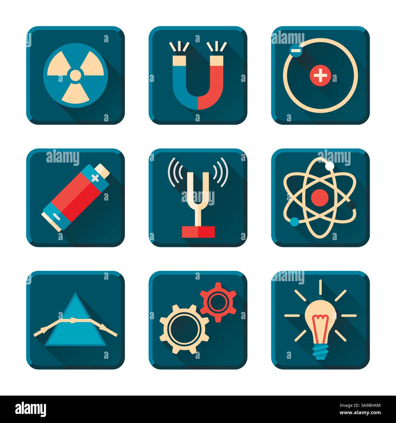 Wissenschafts- und Physiksymbole im flachen Design. Vektorabbildung Stock Vektor