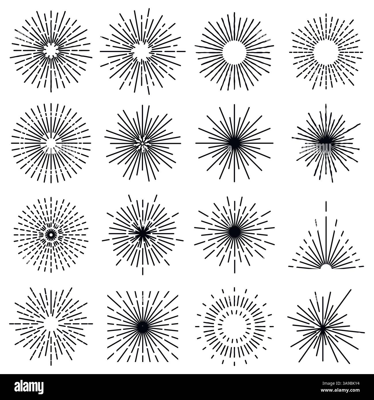 Satz mit 16 Lichtstrahlen. Vintage-Rahmen, -Formen und -Designelemente Stock Vektor