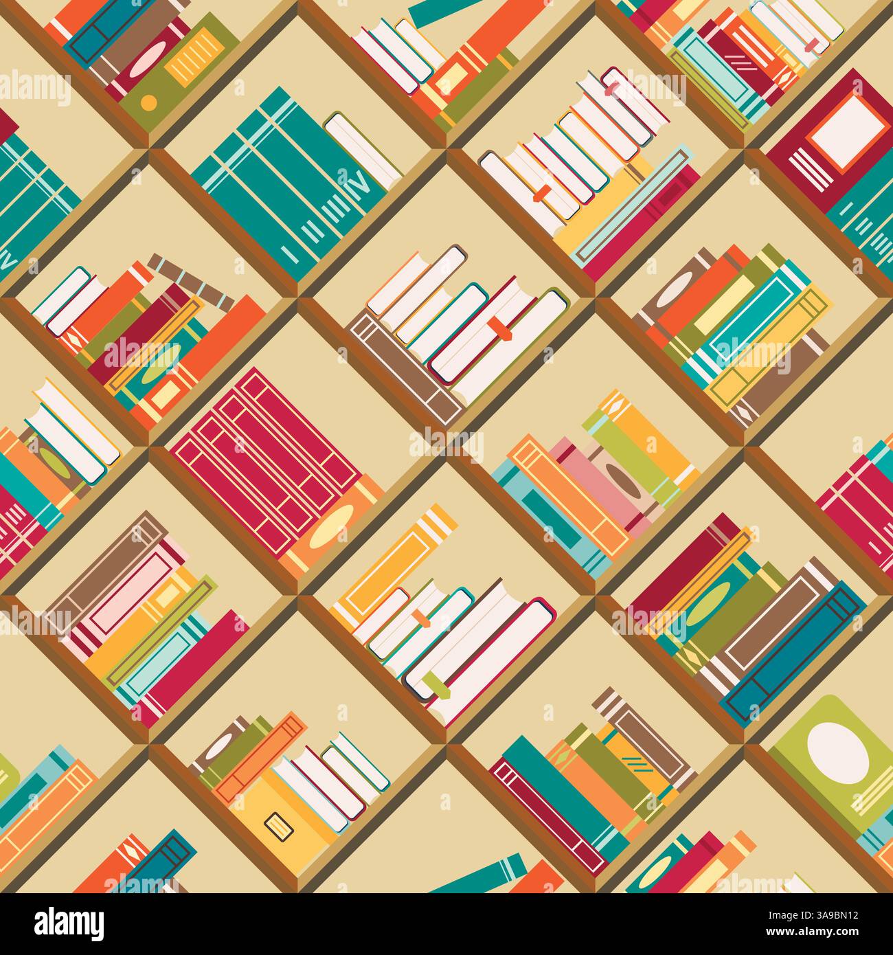 Nahtloses Muster mit Büchern auf Rhombus-Bücherregalen. Vektorabbildung Stock Vektor