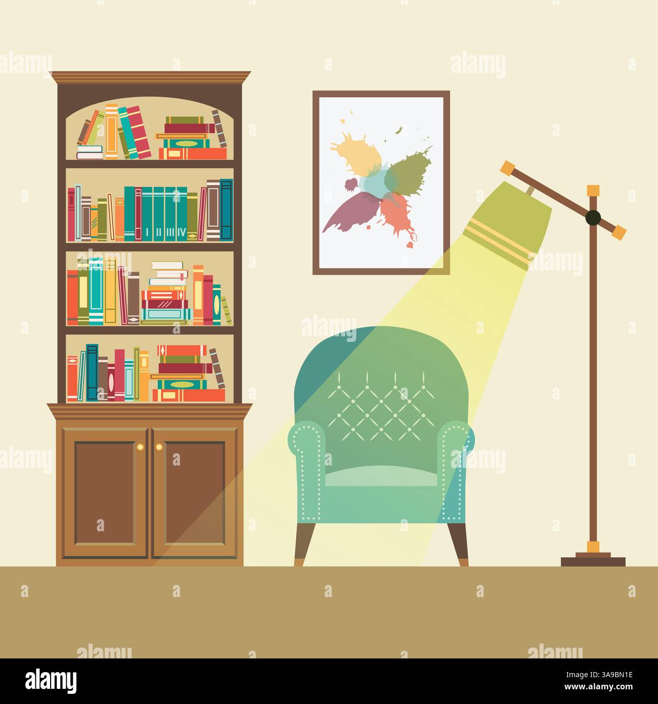 Leseecke im Wohnzimmer mit blauem Sessel, Stehlampe und abstraktem Bild. Vektorabbildung Stock Vektor