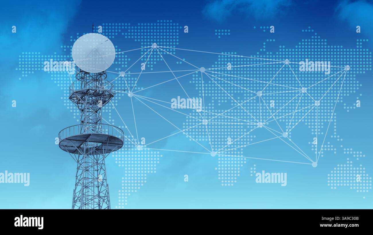 Weltweites Kommunikationskonzept, Funksignalturm mit globalem Kartennetzwerk, Internetverbindung zur digitalen Datenübertragung. Interlink-Tunnel-Infograp Stockfoto