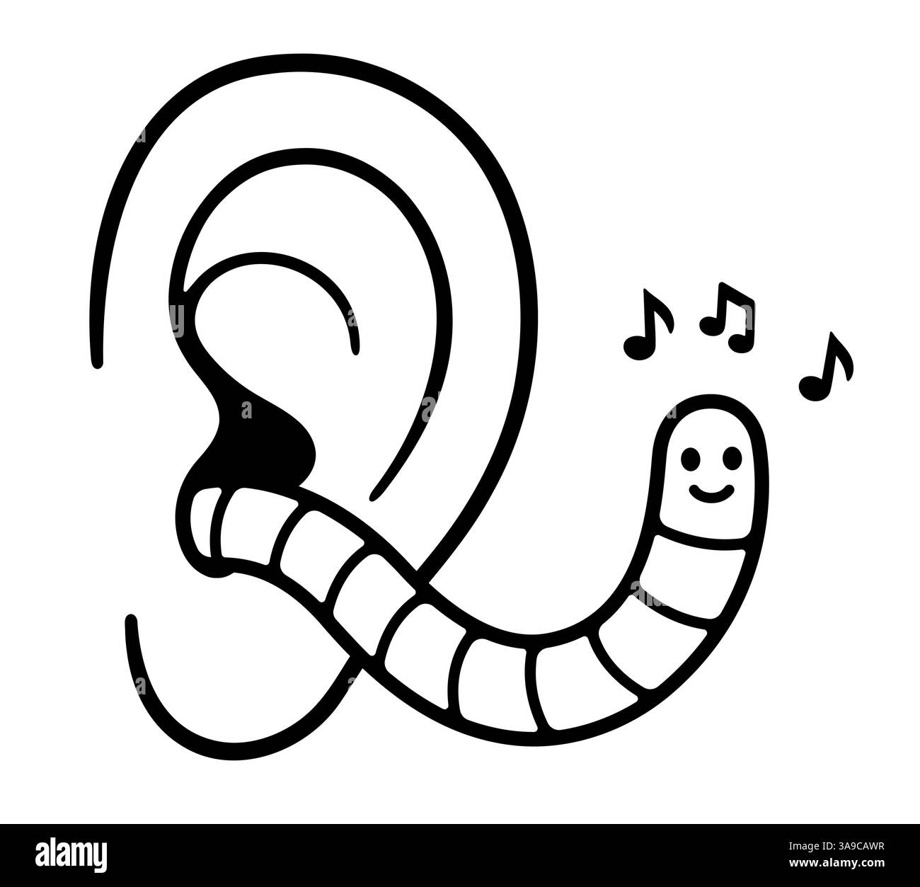 Zeichentrickohrwurm lustige Zeichnung. Niedlicher Wurm, der aus dem Ohr und den Musiknoten herausragt. Illustration isolierter Vektorgrafik. Stock Vektor