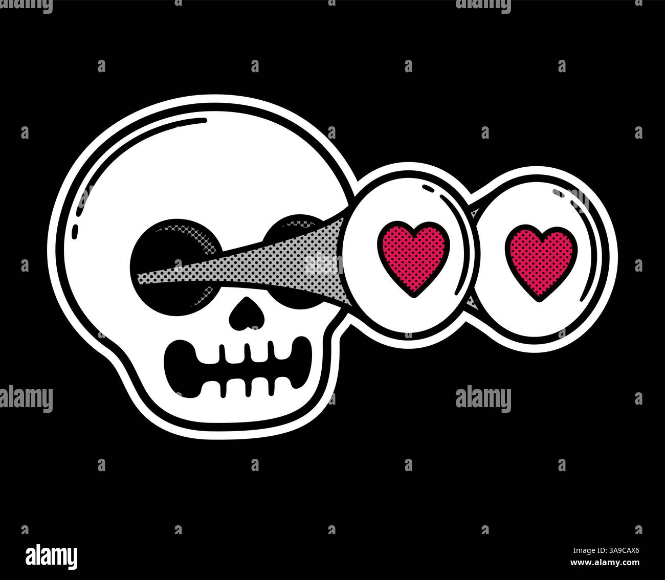 Finny-Cartoon-Schädel mit Herzaugen, die rausspringen. Überraschungsreaktion im Comic-Stil. Retro-Halbtonstruktur der alten Schule. Vektor-Clipart-Illustration. Stock Vektor