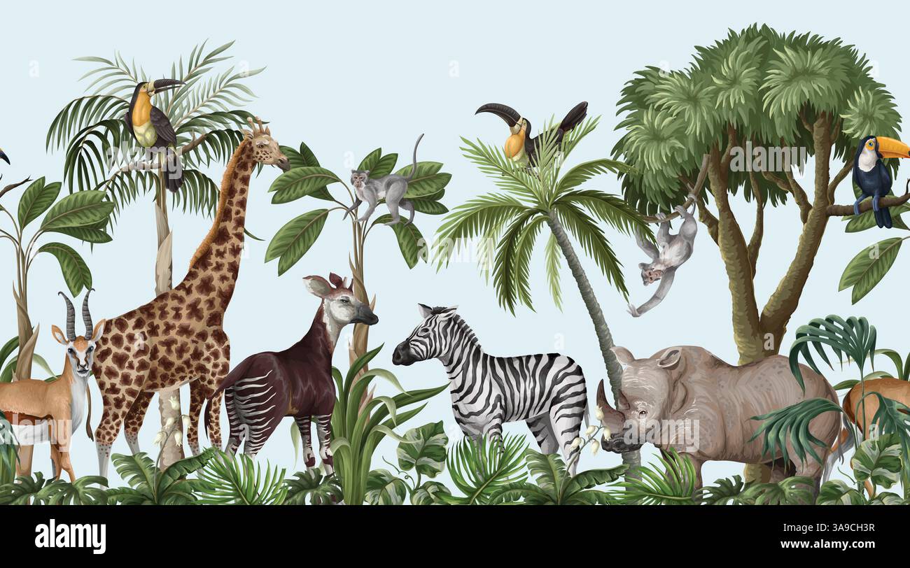 Wandgemälde mit Dschungeltieren und Bäumen, realistische, süße Landschaft. Vektor. Stock Vektor
