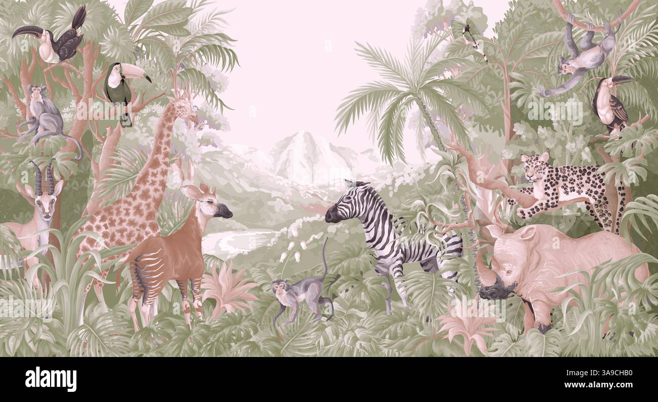 Wandgemälde mit Dschungeltieren und Bäumen, realistische, süße Landschaft. Vektor. Stock Vektor