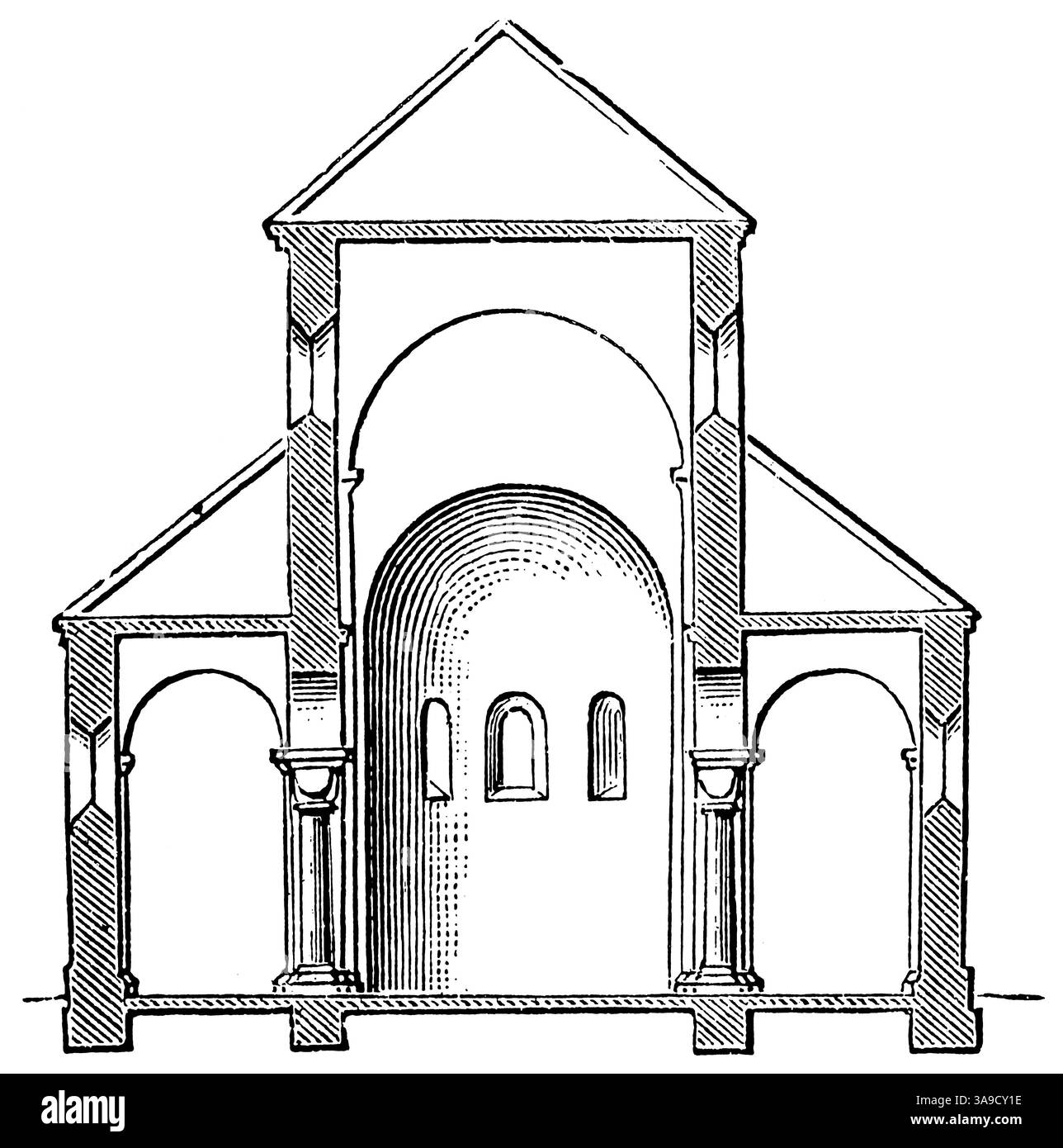 Querschnitt einer romanischen Basilika. Veröffentlichung der "Meyers-Enzyklopädie", Band 7, Leipzig, Deutschland, 1910. Stockfoto