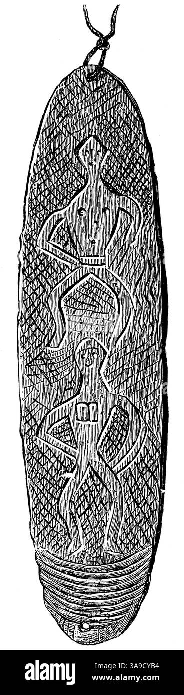 Rituelles Werkzeug zur Kommunikation mit Geistern. Bullroarer der Australier. Artefakt von Ozeanien und Australien. Stockfoto