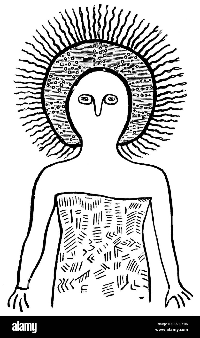 Darstellung mythologischer Szenen und Jagdszenen. Australische Höhlenmalerei. Artefakt von Ozeanien und Australien. Stockfoto