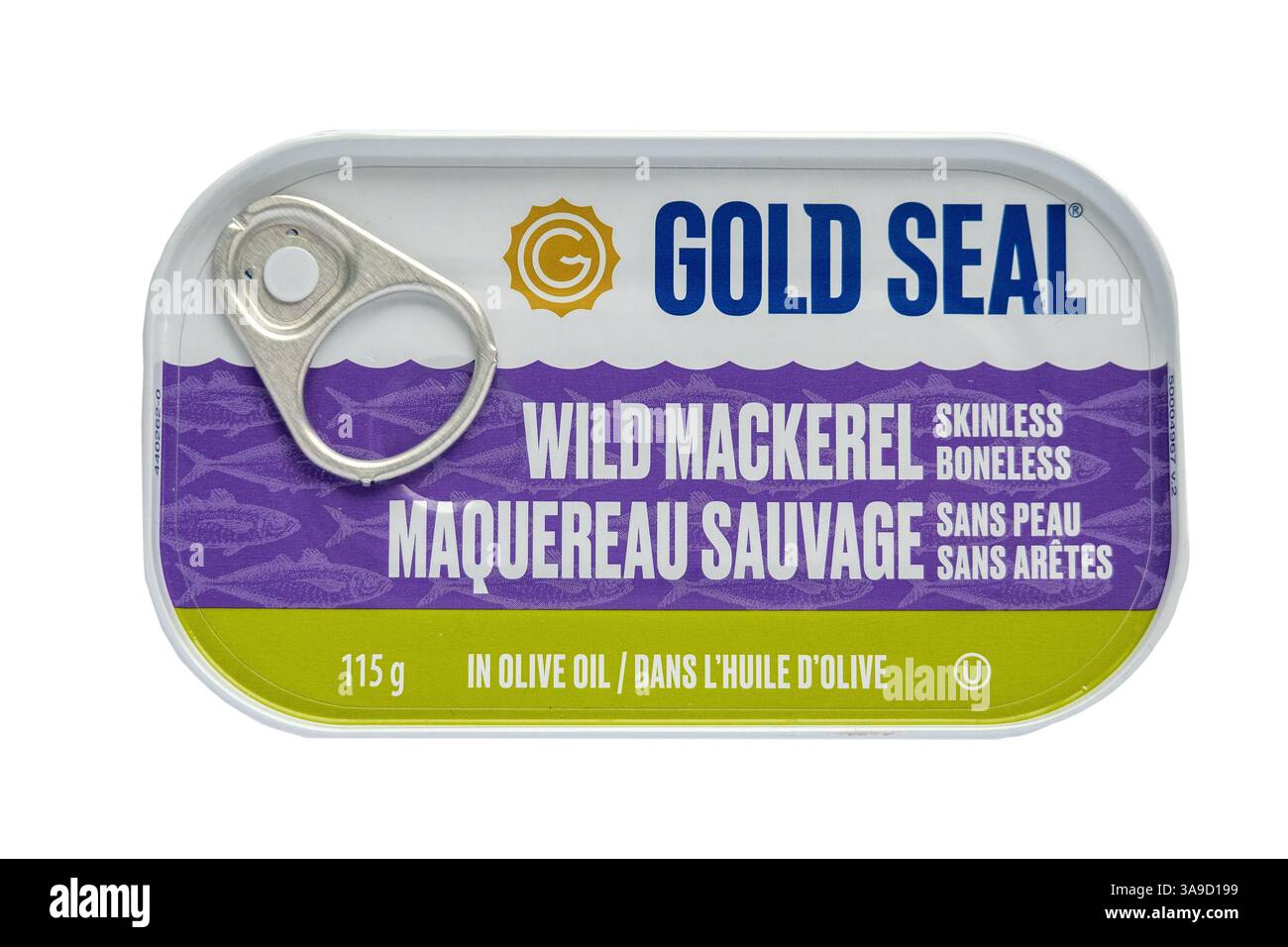 Goldsiegel-Marke wilde Makrele ohne Haut in Olivenöl in Einer Ring Pull Dose Dose, zweisprachige kanadische Verpackung, Meeresfrüchte, Dosenfisch, Stockfoto Stockfoto