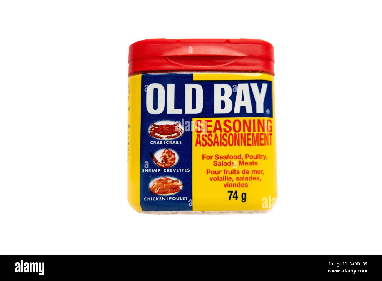 Old Bay Gewürzbehälter A Mix of Gewürze for Gewürze Food, Canadian zweisprachige Verpackung Französisch und Englisch, Stockfoto Stockfoto
