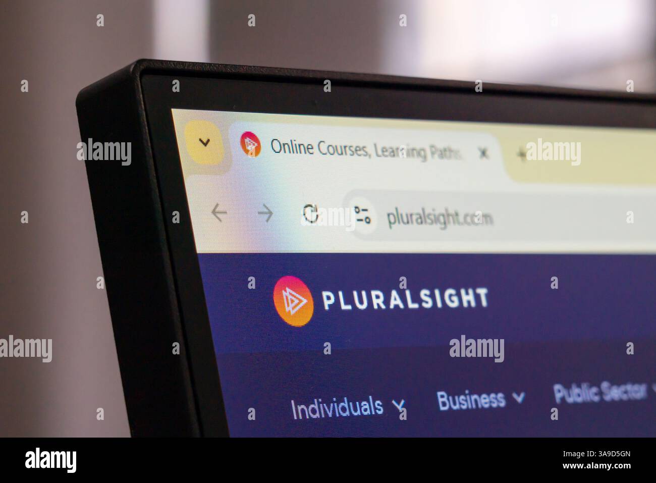 New York, USA - 30. März 2025: Die Homepage der Online-Lernplattform Pluralsight wird auf einem Computermonitor mit Logo und Sitenavigation angezeigt Stockfoto