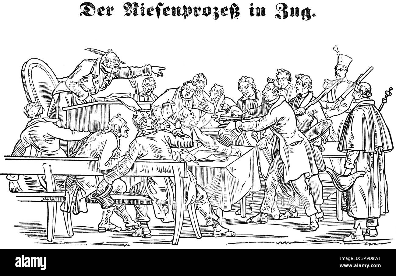 Rechtsstreitigkeit vor Gericht, Gerichtsverfahren zweier Parteien, wütender Richter, Soldat, Waffen, Tisch und Bank, Gemeinde Zug, Schweiz, Parodie, Satire, Holz Stockfoto