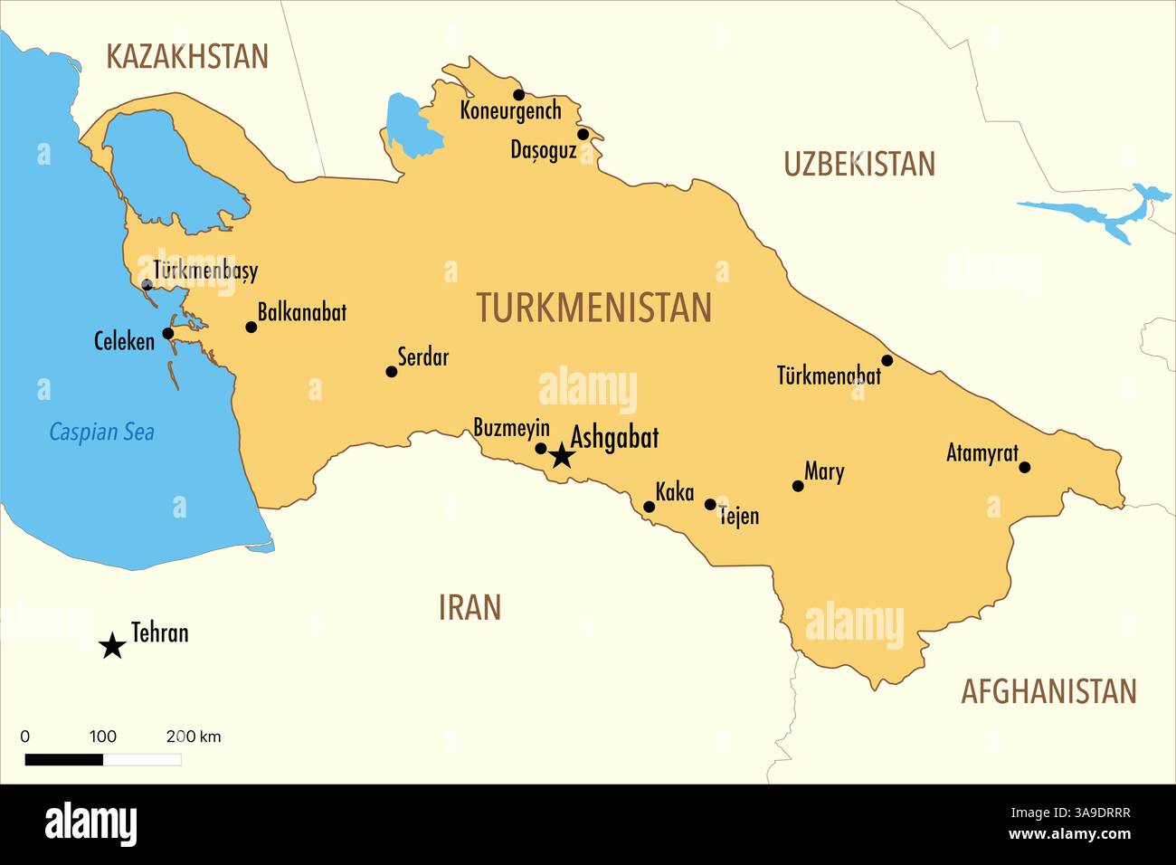 Karte Turkmenistans mit großen Städten und politischen Grenzen Stockfoto
