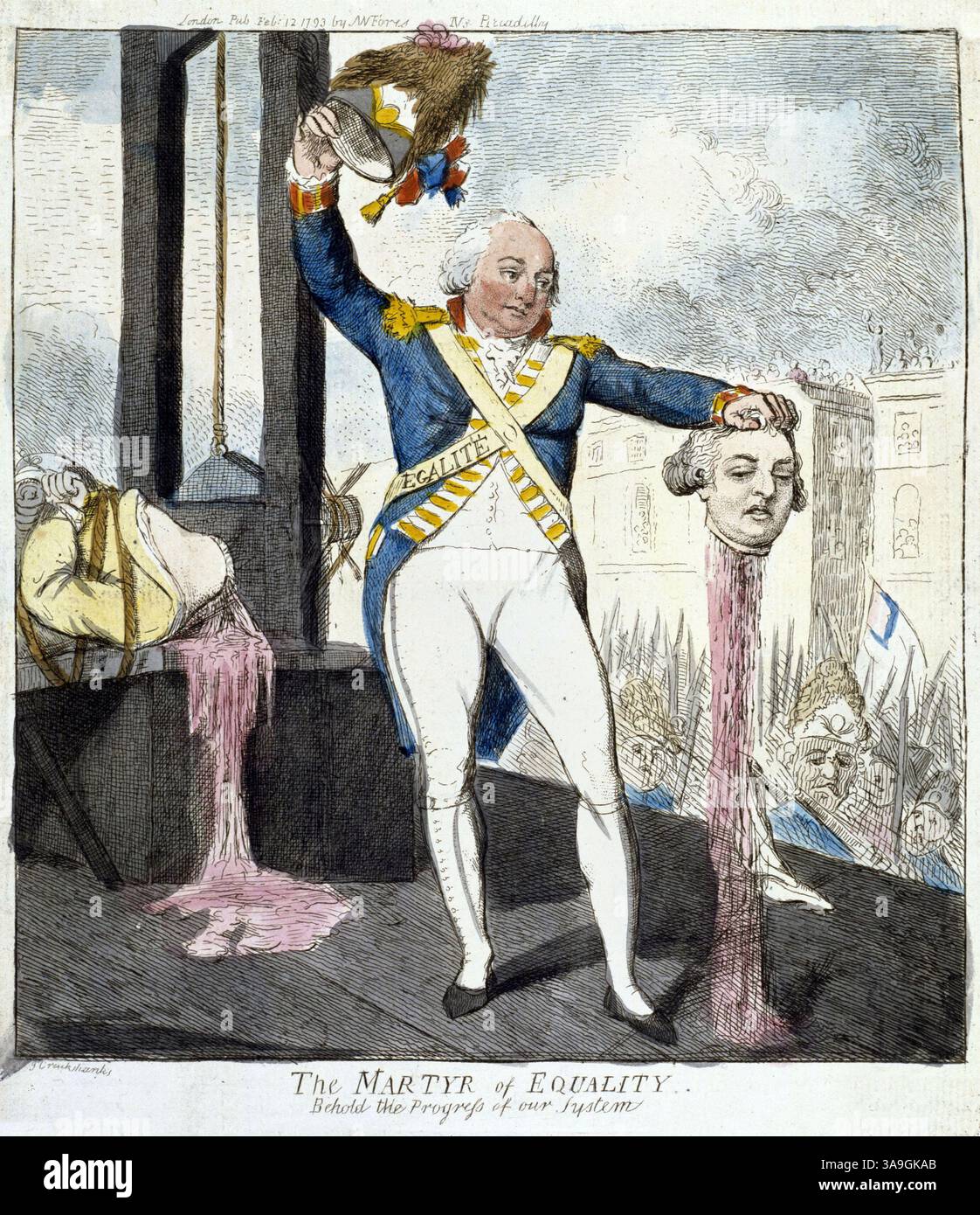 „The Martyr of Equality“ König Ludwig XVI. Ausführung enthauptet Gravur von George Cruikshank aus dem 18. Jahrhundert, 1793 antike Druckkunst aus dem 18. Jahrhundert Stockfoto